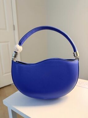 Cobalt Blue Crescent Shoulder Bag | Structured Mini Handbag | Silver Hardware